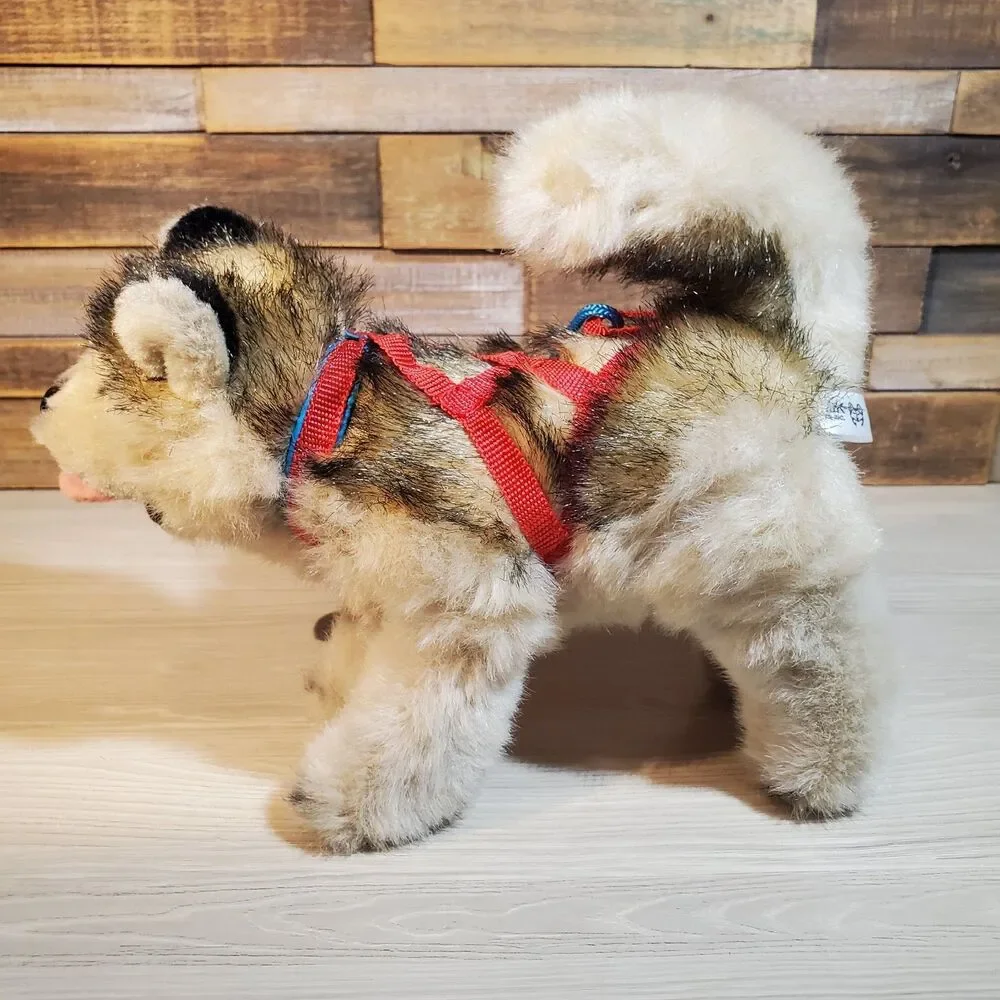 Kipmik Alaskan Husky Sled Dog 12” Realistic Fur Standing Plush Harness Blue Eyes